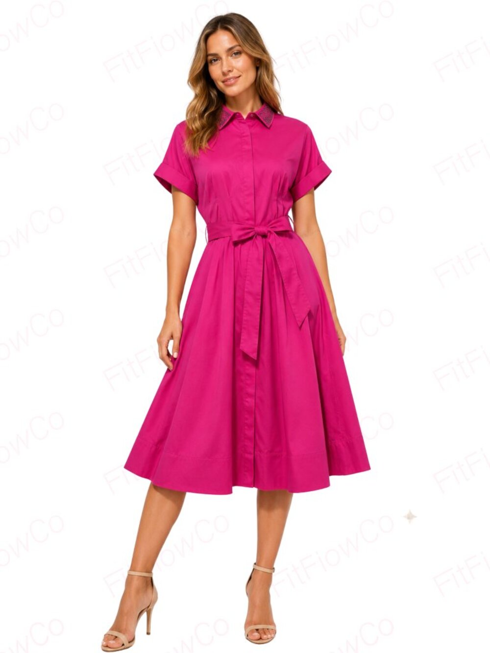 Karl Lagerfeld Paris Hot Pink Belted Midi Shirt Dress Size 2 NWT